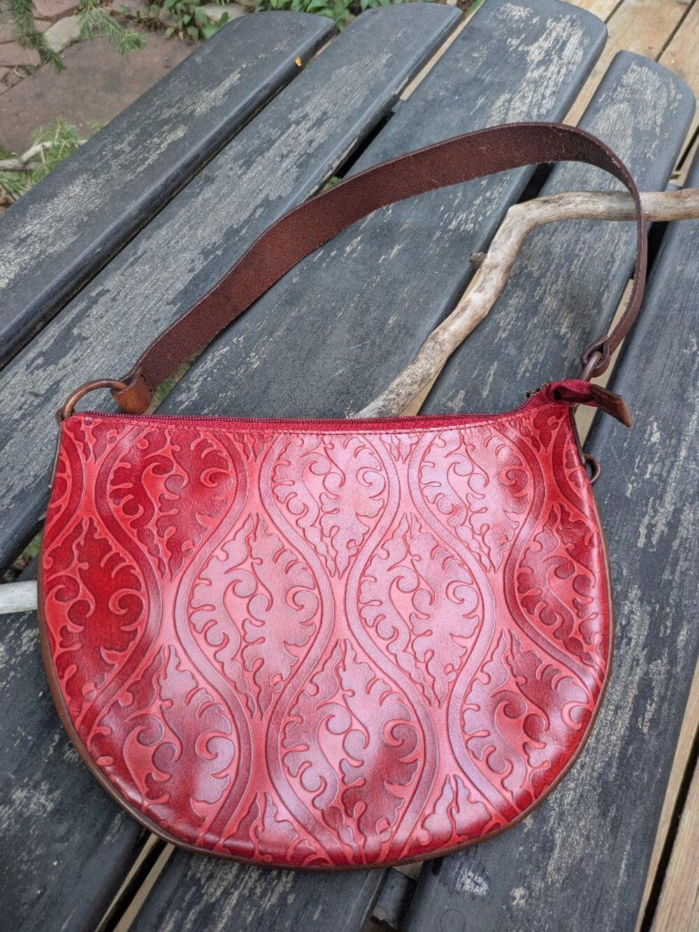 DKNY Vintage Red Embossed Tooled Leather Crescent Shoulder Bag Hobo.